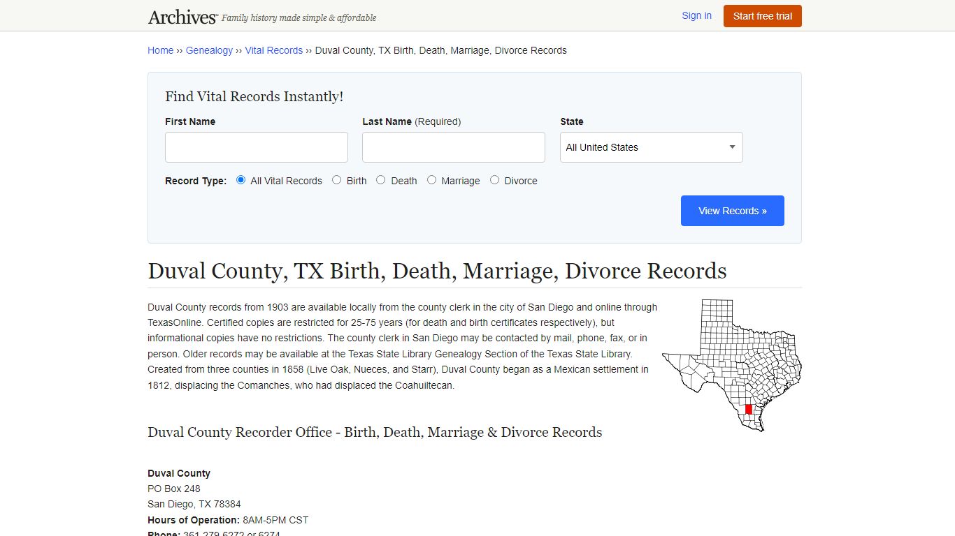 Duval County, TX Birth, Death, Marriage, Divorce Records