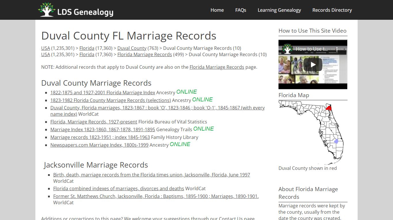 Duval County FL Marriage Records - LDS Genealogy